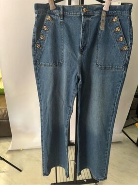 LOFT Medium Blue Denim Wide-Leg Jeans with Button Pocket Trim